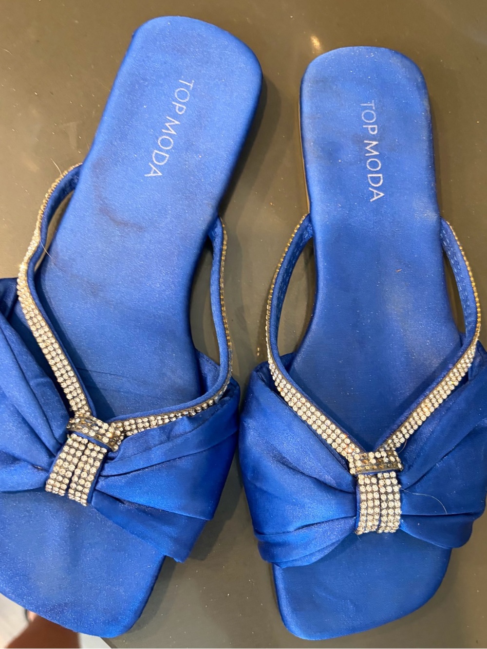 TOP Moda Cobalt Blue Satin Slide Mules with Crystal Trim